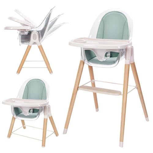 Baby High Chair, 6-in-1 Convertible Wooden High Chair, Recline Chair with Adjustable Hardwood Leg, High Chairs for Babies and Toddlers, Double Dishwasher Safe Tray & Premium Leatherette