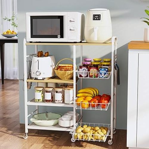 HapiRm Rolling Kitchen Microwave Cart - 4 Tier Microwave Table Stand with Pull-Out Baskets, Coffee Bar Baker's Rack with Wheels Rolling Storage Cart Organizer Shelf for Living Room Office, Balcony