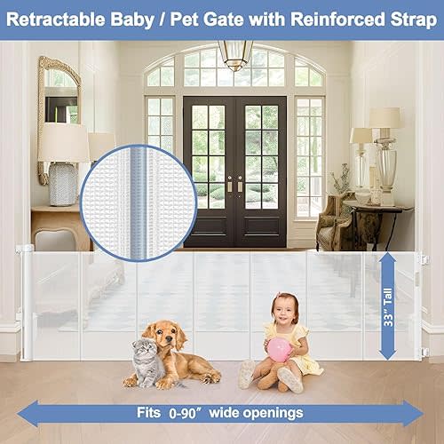 Reinforced 90 Inch Wide Retractable Baby Gates for Doorways Extra Wide Outdoor Retractable Gate for Dogs Reinforced Bottom to Prevent Crawling Through Mesh Baby Gate Long Dog Gates Indoor Extra Long