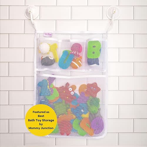 Original Tub Cubby Bath Toy Storage Organizer - With Suction Cup & Adhesive Hooks, 14"x20" Mesh Net Shower Caddy for Kids Bathroom Decor, Bedroom & Car Toy Organizer - Bonus Hooks