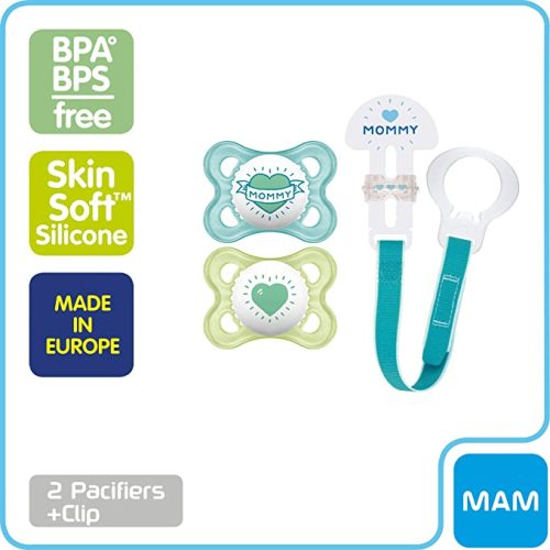 MAM Pacifier and MAM Pacifier Clip Value Pack (2 Pacifiers & 1 Clip), Pacifiers 0-6 Months for Baby Boy, Baby Pacifiers “I Love Mommy” Design, Baby Pacifier Clips, Designs May Vary - boy