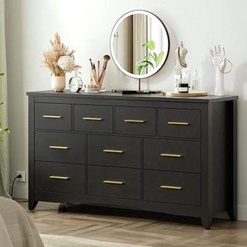 10 Drawer Dresser for Bedroom, 55" Black Dressers with Charging Station, Wide Storage Dressers & Chests of Drawers, Modern Dresser TV Stand for Bedroom, Hallway, Black