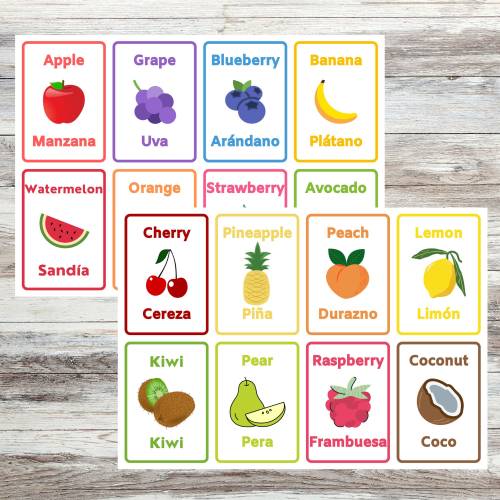 Bilingual Fruits Flashcards-Spanish and English Printable-Study tools, Kid’s review, Educational tool, Early Learning, Toddler Education
