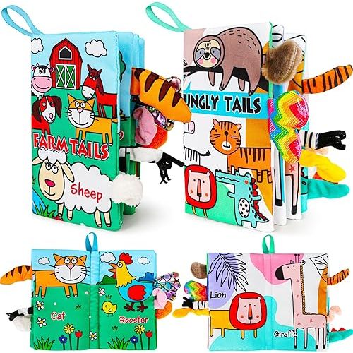 Soft Baby Book Animal Tails Baby Toy Touch and Feel Crinkle Cloth Book (Farm & Jungle Animals)