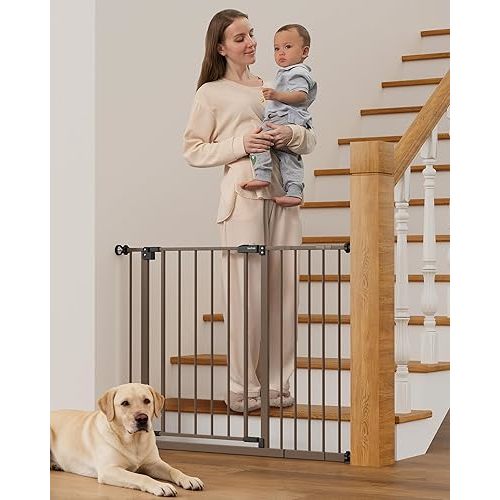 InnoTruth 29.5–40.75" Baby Gate for Stairs, 30" Tall Dog Gates for Doorways & Hallways, Safety Gate for Kids & Pets, Pressure-Mounted Walk-Through with Dual Lock & 2-Way Swing, Brown