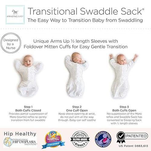 Amazing Baby Transitional Swaddle Sack with Arms Up Half-Length Sleeves and Mitten Cuffs, Small, 0-3 Months, 6-14 lbs, Little Watercolor Roses (Arms Up Swaddle, Transition Swaddle Sleep Sack) - Small (6-14 Pound)