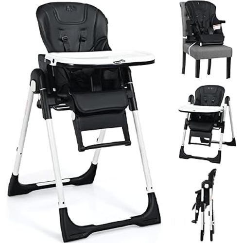 INFANS High Chair for Babies & Toddlers, Foldable Highchair with Multiple Adjustable Backrest, Footrest and Seat Height, Removable Tray, Detachable PU Leather Cushion, Built-in Rear Wheels (Grey)