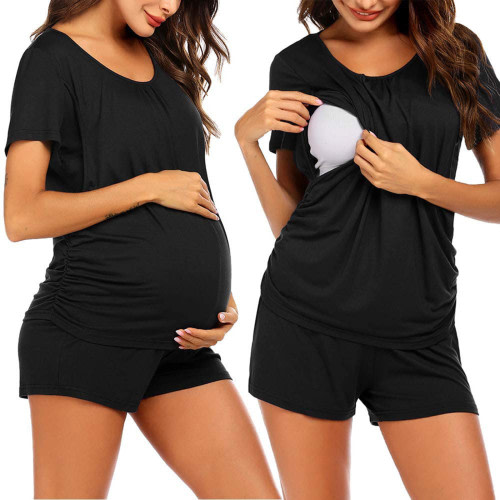 Juebong Women's Postpartum Nursing Pajamas Sets,Summer Solid Short Sleeve Breastfeeding Shirts 2 Piece Outfit Soft Crewneck Pregnancy Breastfeeding Sleepwear Lounge Set