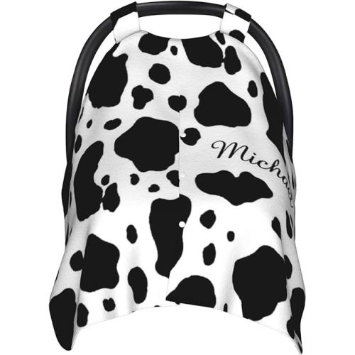 Personalized Cow Markings Baby Infant Car Seats Canopy for Babies with Name, Custom Car Seat Covers for Baby Boys Girls, Peekaboo Minky Nursing Breastfeeding Stroller Canopies for Newborn