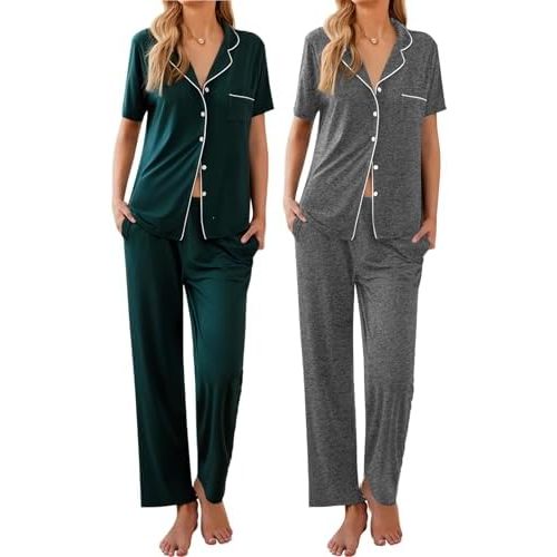 Ekouaer 2 Pack:Womens Pajamas Short Sleeve Pjs Notch Collar Button Up Loungewear Cozy Sleepwear Sets