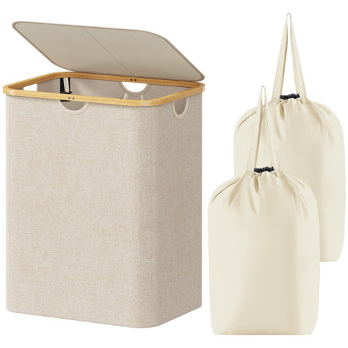 Ebern Designs 120l Laundry Basket With Lid, Clothes Hampers For Laundry With Bamboo Handles And A Removable Laundry Bag, Large Foldable Laundry Hamper For Bedroom, Bathroom, Dorm, Laundry Room, Beige | Wayfair
