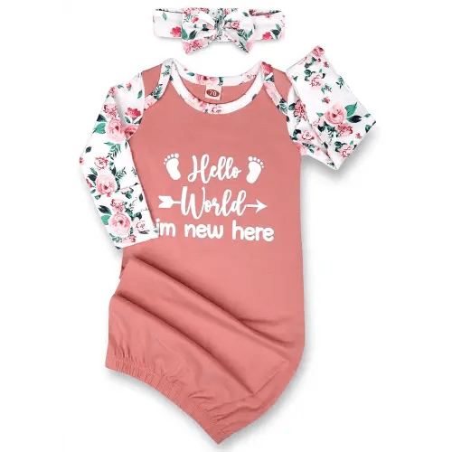 Newborn Baby Girl Gown 0-6 Months, Super Soft Newborn Sleepers Gown, Long Sleeve Infant Nightgown for Girls, Baby Girl Outfit Essential with Headband Set Pink