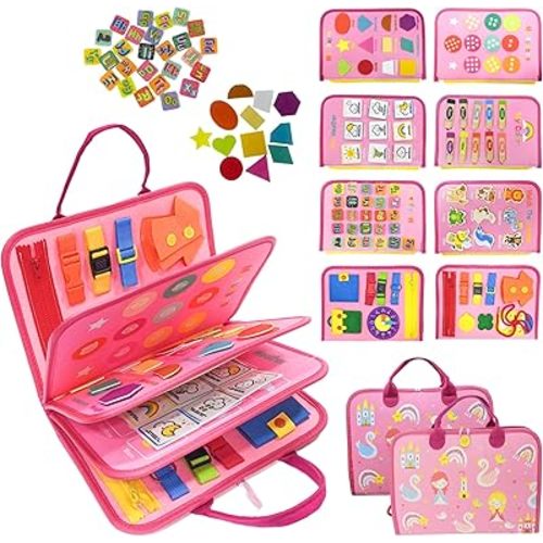 Montessori Busy Board for Toddlers 3-5 – Educational Sensory & Motor Skills Development Toy with 25+ Engaging Activities, Ideal for Preschool, Travel & Gift (Pink Fairy Tale)