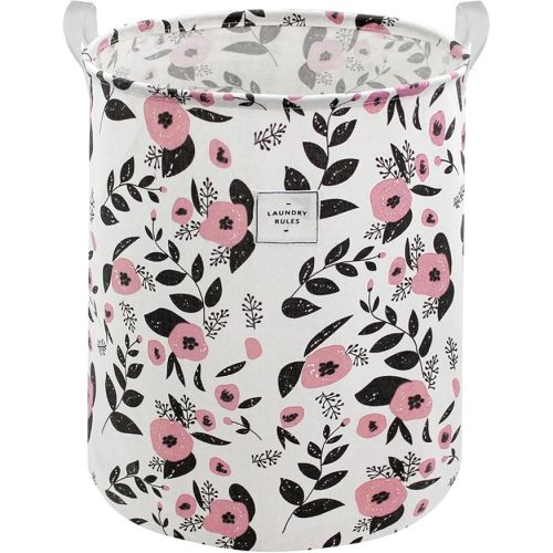 Mziart Collapsible Laundry Basket, Floral Printing Large Laundry Hamper for Baby Girls Kids Toys Clothes Organizer Foldable Storage Bin Waterproof Canvas Nursery Storage Basket with Handles (Green)