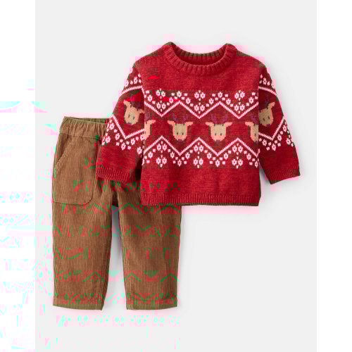 Baby Boy 2-Piece Fair Isle Long-Sleeve Tee & Pant Set - Red/Brown - Carter's | Carter's