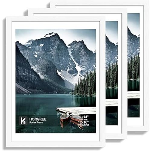 Hongkee 12x16 Picture Frame Set of 3 - Display 11x14 Photo with Mat or 12 x 16 Poster without Mat, Wall Mounting Horizontal and Vertical, White