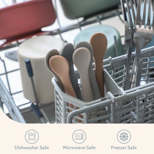 NETANY Silicone Baby Feeding Spoons, First Stage Infant Soft-Tip Easy on Gums I Training Spoon Self | Utensils Supplies, Dishwasher & Boil-proof, 6 Pack - Shifting Sand