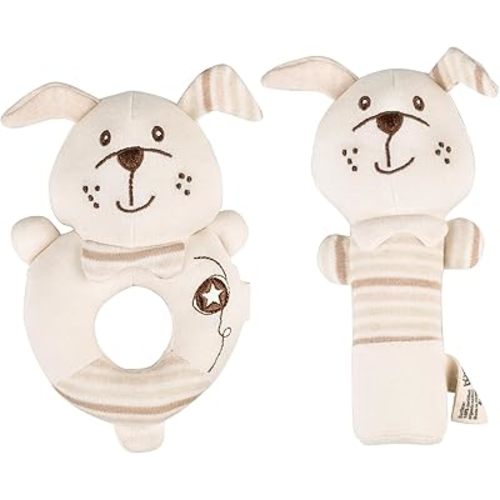 Plush Baby Soft Rattle Toys Set, Beige Dog Infants Stuffed Animal Plush Rattle Sensory Toys, 2 PCS