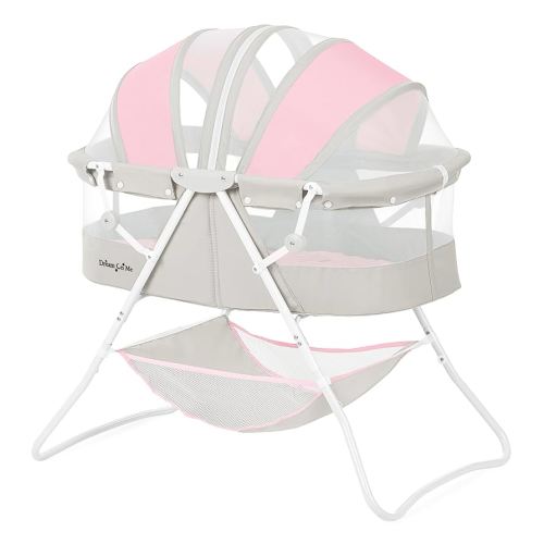 Dream On Me Karley Baby Bassinet in Grey and Pink, Lightweight Portable, Quick Fold and Easy to Carry , Adjustable Double Canopy, Indoor and Outdoor with Large Storage Basket.