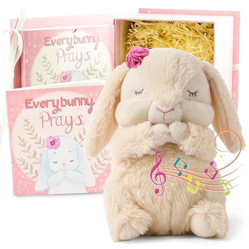 Tickle & Main Everybunny Prays Bunny Plush & Musical Prayer Toy for Christening Gifts for Girls - Pink, 7 in - Baby Dedication & Baptism Gifts for Girls with Illustrated Board Book