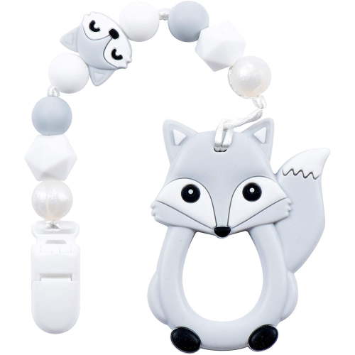 Kids Heroes Fox Silicone Chew-Proof Baby Teether Set with Holder Clip, Gray, 2 Pieces, 0-12 Months