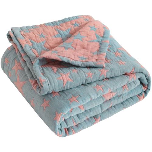 NTBAY 3 Layer Toddler Blanket, Muslin Cotton Jacquard Bed Blankets, Lightweight Thermal Baby Blanket, Super Soft and Warm Crib Blanket for All Seasons, Decoration Gift, 30"x40", Red and Blue Star