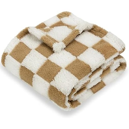 HOMRITAR Super Soft Baby Blanket for Boys Girls Warm Cozy Reversible Checkerboard Toddlers Blanket, Fluffy Fuzzy Plush Lightweight Bed Blanket with Chessboard Grid Design 350GSM Khaki 30 x 40 Inch