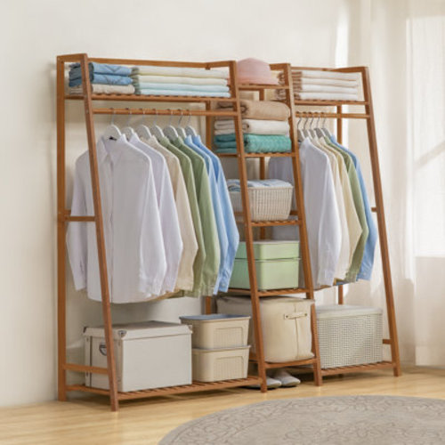 Red Barrel Studio® Bamboo 51" W Garment Rack with Hanging Rod Storage Shelves and Bag | Wayfair