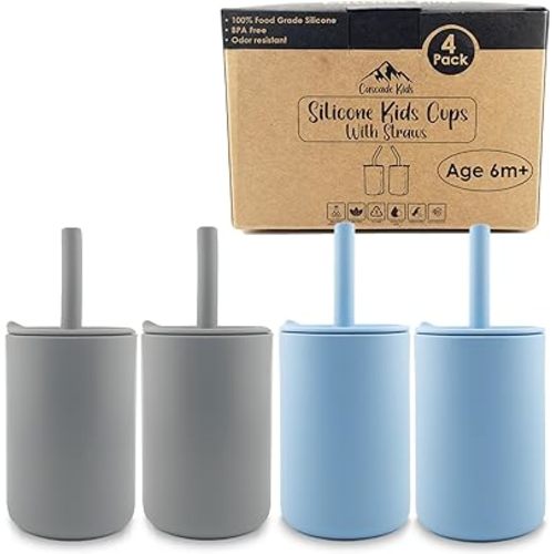 Silicone Toddler Smoothie Cups with Straw, Unbreakable Training Cup with Straw for Babies and Toddlers for less mess, BPA-Free Silicone Baby cup, 6+ Month, 6oz, 4 pack Blue/Grey