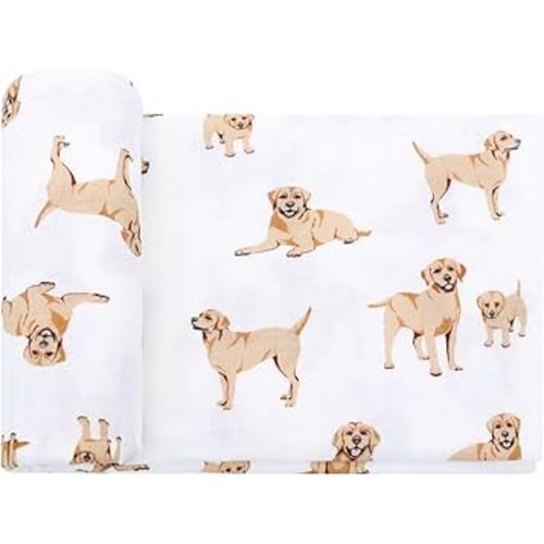 LifeTree Baby Swaddle Blankets Dog Pattern, Muslin Blankets Boys Girls Swaddling Wrap Receiving Blanket for Newborn, 70% Viscose from Bamboo and 30% Cotton, Large 47" x 47", Labrador