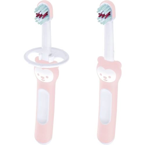 MAM Baby Toothbrushes (2 Baby's Brushes and 1 Safety Shield), Toothbrushes with Brushy The Bear Character, Interactive App, for Girls 6+ Months, Pink