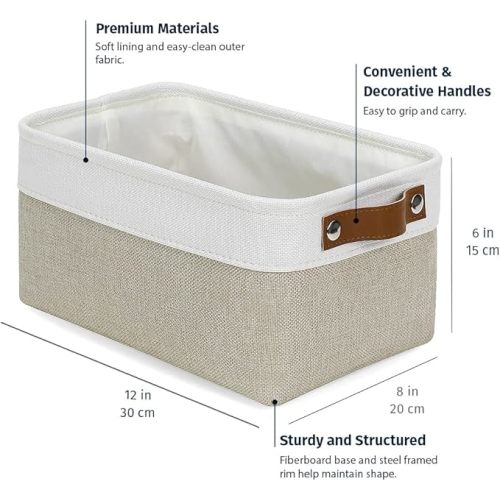 OrganiHaus Small Fabric Storage Baskets for Shelves 3 Pack, 12x8in Closet Storage Bins for Shelves, Cloth Baskets for Organizing, Linen Closet Organizers, Fabric Basket, Beige/White - Small - 3pc - Beige / Off-White