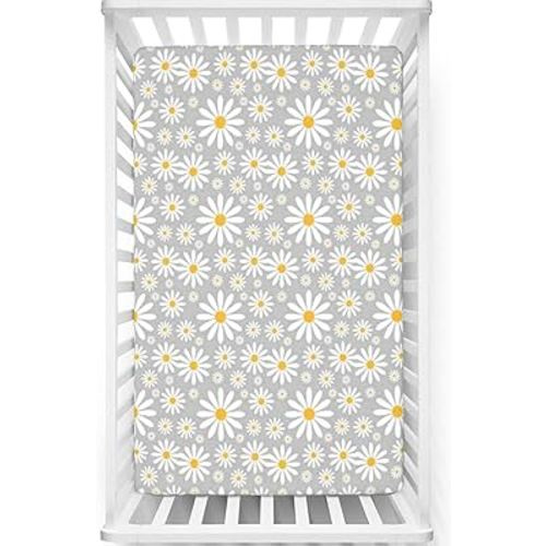 Daisy Themed Fitted Crib Sheet,Standard Crib Mattress Fitted Sheet Soft Toddler Mattress Sheet Fitted - Baby Crib Sheets for Girl or Boy,28“ x52“,Earth Yellow Pale Grey White