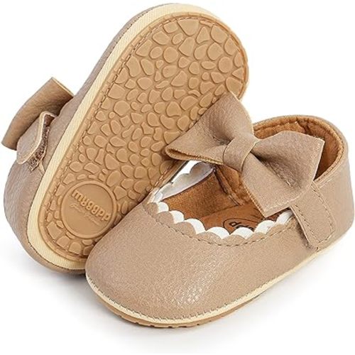 Baby Girl Mary Jane Flats Dress Shoes - Infant Newborn Shoes Anti-Slip Soft PU Leather Party School Wedding Princess Baby Girl Shoes 0-18M - 0-6 Months Infant - #8 Khaki