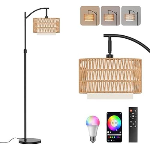 Boho Floor Lamp - Arched Floor Lamps for Living Room, Farmhouse Floor Lamp with 3 Color Temperature Black Standing Lamp with Rattan & Fabric Double Shade Bohemian Rattan Floor Lamps for Bedroom Office