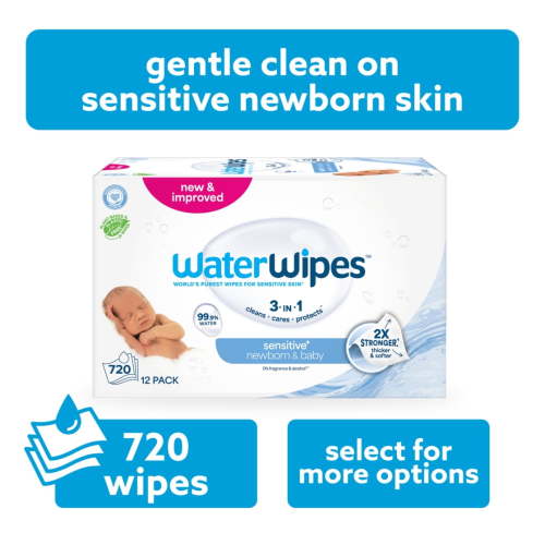 WaterWipes Original Baby Wipes, 99.9% Water Based, Fragrance-Free, for Sensitive Skin, 12 Packs (720 Wipes)
