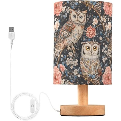 Bedside Lamp LED Nightstand Table Lamp-Owl Flowers with Fabric Shade and Button Control Night Light for Bedroom Dorm