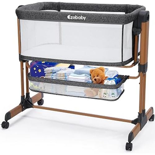 Ezebaby 3-in-1 Baby Bassinet, Rocking Baby Bassinets Bedside Sleeper, Adjustable Portable Crib for Newborn Infant with Wheels Storage Basket and Mesh Sides