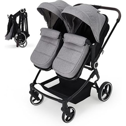 Side by Side Double Stroller for Twins, Lightweight Compact Fold Travel Stroller with Adjustable Reclining Seats & Removable Parent Cup Holder, High Landscape for Newborn and Toddler, Light Gray