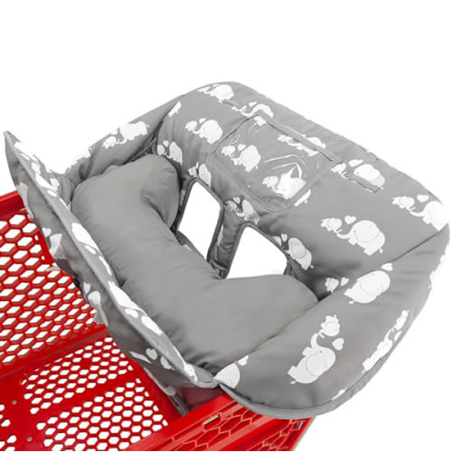 Soft Pillow Attached 2-in-1 Shopping Cart and High Chair Cover for Baby, Cotton Padded Cart Cover, Fold'n Roll Style, Portable with Carry Bag (Gray Elephant)