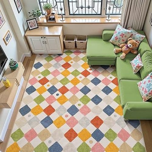 jinchan Area Rug 8x10 Kids Washable Rug Indoor Floor Cover Non Slip Modern Soft Rug Living Room Diamond Carpet for Elementary School Classroom Nursery Daycare Playroom Bedroom Circus on Cream