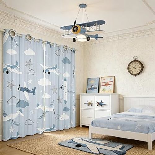 Cartoon Airplanes Blackout Curtains,Cute Aircraft Toddler Window Drapes for Boys Girls Adults,Starry Clouds Outer Space Adventure Blue Lovely Window Treatments Grommet Top 2 Panel Set,42Wx84L inch