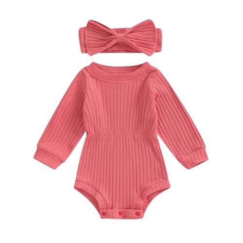 FOCUSNORM Newborn Baby Girl Clothes Solid Color Ribbed Romper Long Sleeve Onesie Jumpsuit Infant Girl Fall Winter Outfits