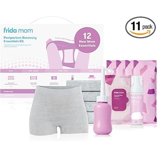 Frida Mom 11pc Postpartum Essentials Kit Gift Set, Hospital Bag Must Haves for New Mom, Includes 4 Disposable Postpartum Underwear, 4 Ice Maxi Pads, Perineal Healing Foam & 24 Pad Liners & Peri Bottle