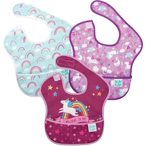Bumkins Bibs for Girl or Boy, SuperBib Baby and Toddler for 6-24 Months, Essential Must Have for Eating, Feeding, Baby Led Weaning Supplies, Mess Saving Catch Food, Fabric 3-pk Unicorns and Rainbows