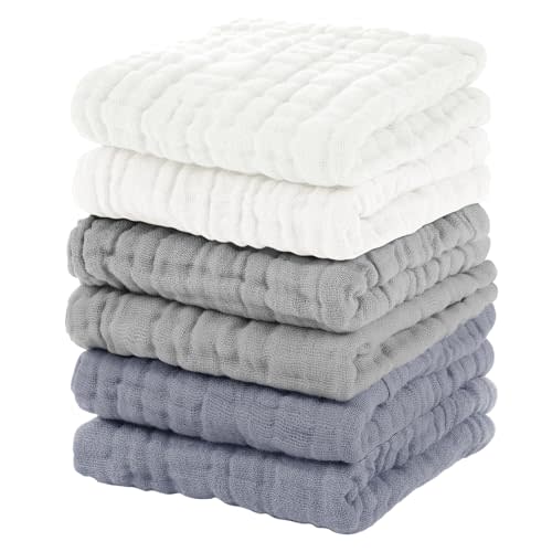 Unnivoll Muslin Baby Washcloths 6 Pack, 100% Cotton Wash Cloths for Babies, Large 12''X12'' Burp Cloths Absorbent and Soft for Newborn Infants Kids Boys Girls - White Gray