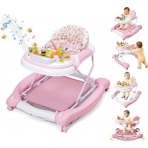 5 in 1 Baby Walker, Music and Lights Walker for Baby Boy Girls 6-12 Months, Foldable Baby Walkers with Wheels and Bouncer Combo Portable, Toddler Infant Walker with Adjustable Height