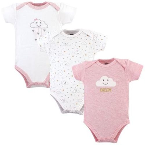 Hudson Baby Infant Girl Cotton Bodysuits 3pk, Pink Clouds, 0-3 Months