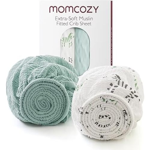 Momcozy Best Wishes Muslin Standard Fitted Crib Sheets, 52"x28", 2 Pack Soft Breathable Natural Cotton Baby Mattress Sheet, 360° Mattress Wrapping Boys Girls Neutral Toddler Bed Sheet, Bravery Zebra