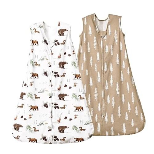 david's kids 100% Cotton Baby Sleep Sack 0-6 Months, Soft Baby Wearable Blankets with 2-Way Zipper, 2 Pack Comfy Sleeping Bags for Infant Newborn Boys Girls Neutral, Small Size, Woodland